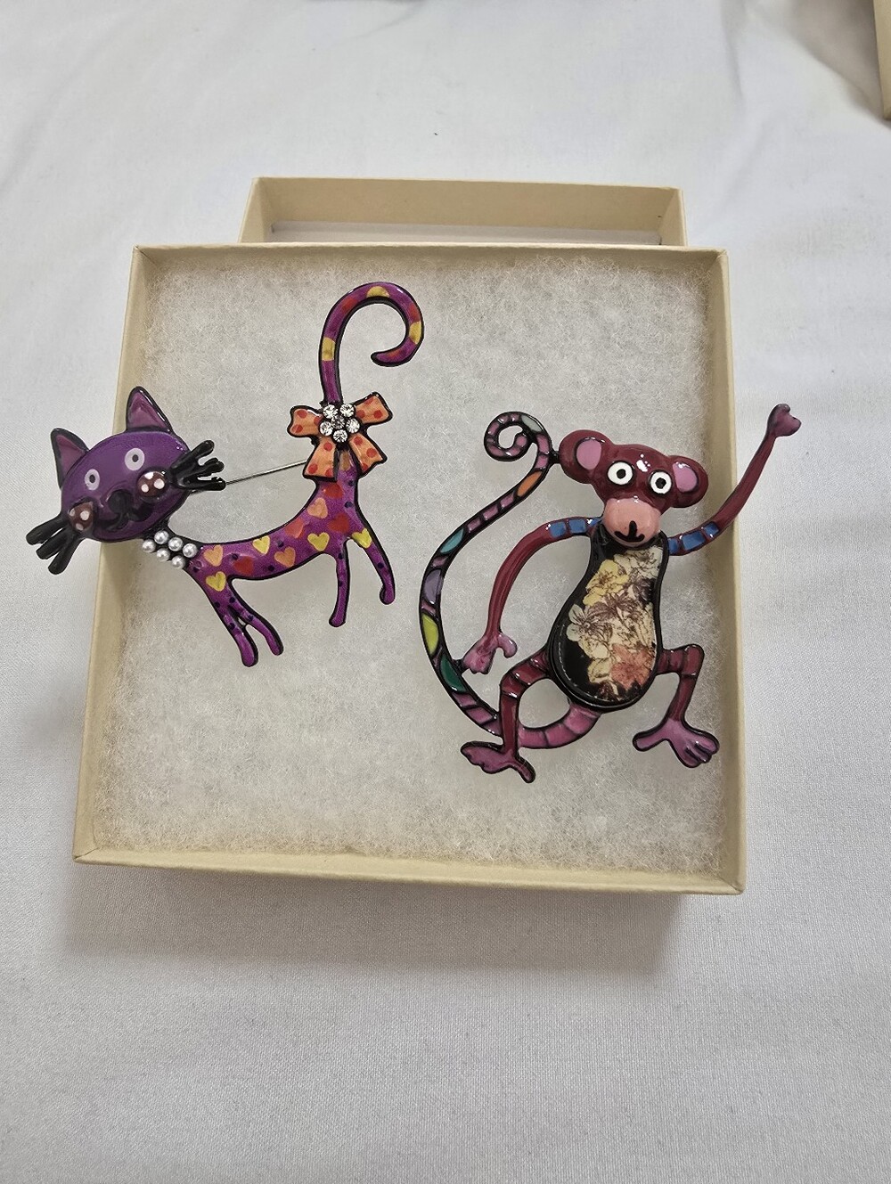 So Cute! Purple Cat and Monkey Animal Brooch Set - Fashion Pet-Themed Pins